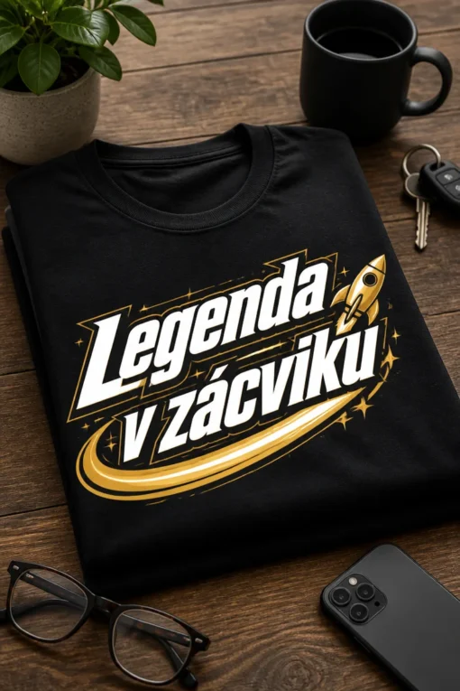 Tričko s nápisem Legenda v zácviku v elegantním sportovním typografickém designu se zlatobílou raketovou stopou.