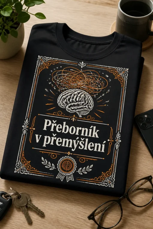 Tričko s nápisem Přeborník v přemýšlení, ilustrací mozku, zamotanými čárami a certifikátovým rámem v bílo-oranžovém stylu.
