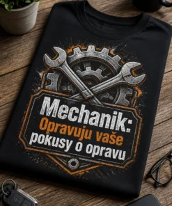 Tričko s motivem mechanického emblému, zkříženého klíče a ozubeného kola a textem Mechanik: Opravuju vaše pokusy o opravu