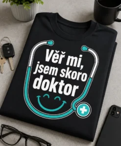 Tričko pro mediky s nápisem Věř mi, jsem skoro doktor a minimalistickým motivem se stetoskopem do úsměvu.