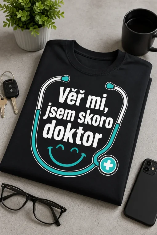 Tričko pro mediky s nápisem Věř mi, jsem skoro doktor a minimalistickým motivem se stetoskopem do úsměvu.