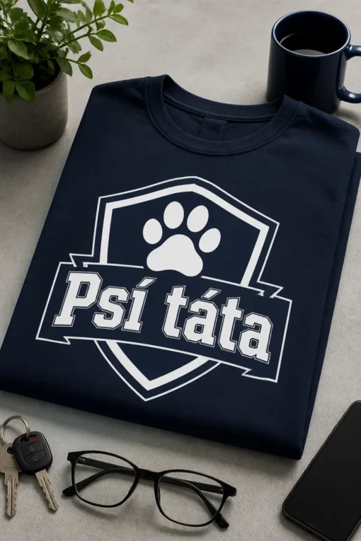 Černobílé tričko s motivem Psí táta v atletickém štítu s tlapkou, pánský sportovní styl