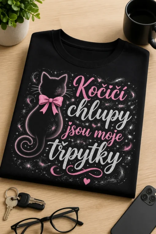 Dámské i pánské tričko s kočičí siluetou a nápisem Kočičí chlupy jsou moje třpytky v růžovo-stříbrném provedení na tmavém podkladu.