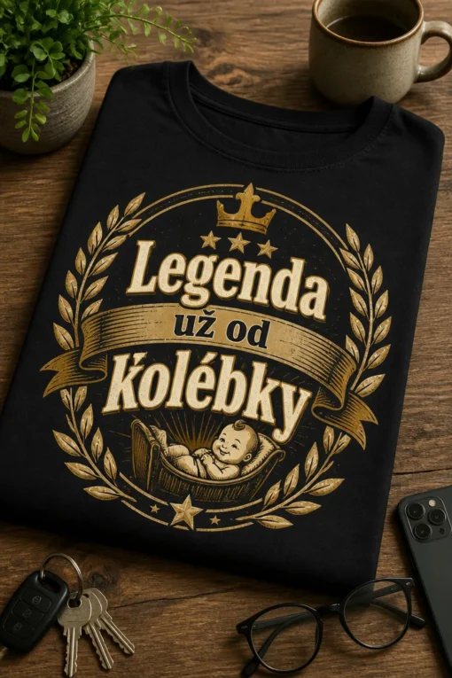 Tričko s vintage emblémem a nápisem Legenda už od kolébky, s laurovými větvemi, hvězdami a retro stuhou