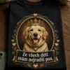 Tričko s vintage portrétem psa v oválném rámu a korunou, text Ze všech dětí mám nejradši psa.