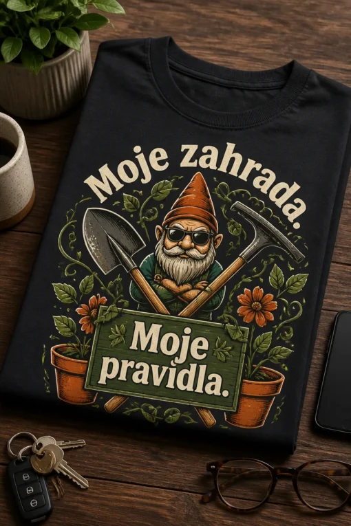 Tričko s nápisem Moje zahrada. Moje pravidla., zkříženou lopatou a hráběmi a listnatými vinicemi v rustikálním zahradním stylu