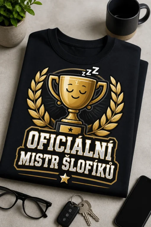 Tričko s motivem zlatého poháru se spícím obličejem, vavřínovými ratolestmi a nápisem Oficiální mistr šlofíků na tmavý podklad